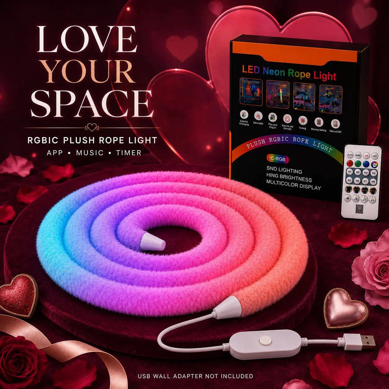 RGBIC LED Flow Furry Rope Light, USB-Powered Plush, App & RF Remote Control, Music Sync, Timer, Multiple Modes, Cool Room Decor for Bedroom & Gaming Room Wall