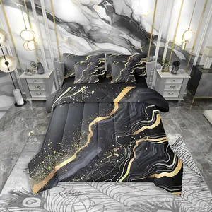Black and Gold Comforter Set,7 Piece Bed in A Bag,Black Dark Grey Abstract Marble Bedding Sets,Gold Metallic Sequin Marbling Bed Set