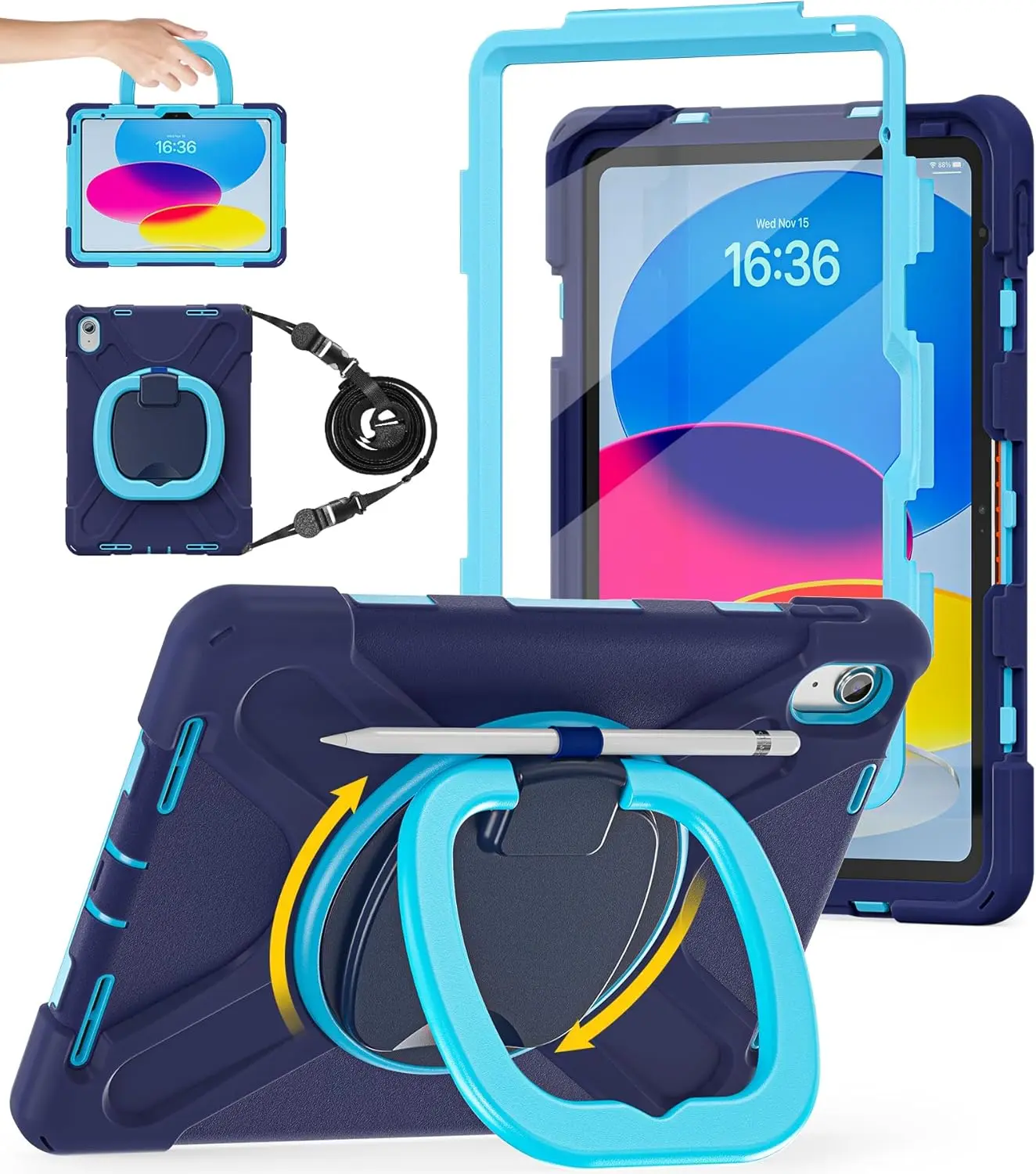 Heavy Duty Shockproof Tablet Case for iPad (A16) 11th/10th Gen 11in/10.9in 2025/2022 - Accessories with 360° Rotating, 180° Foldable Stand, Screen Protector, Shoulder Strap, Pencil Holder | NavyBlue Casing for Protection