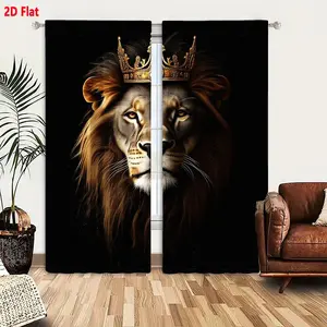 2D Flat Lion King Themed Blackout Window Curtain 2-Piece Set - Majestic Golden Lion with Ornate Crown, Realistic Mane & Detailed Fur, Rich Golden-Brown to Light Shades, Intense Eyes, Decorative Solid Black Background, Royal Regal Design for Living Room Be