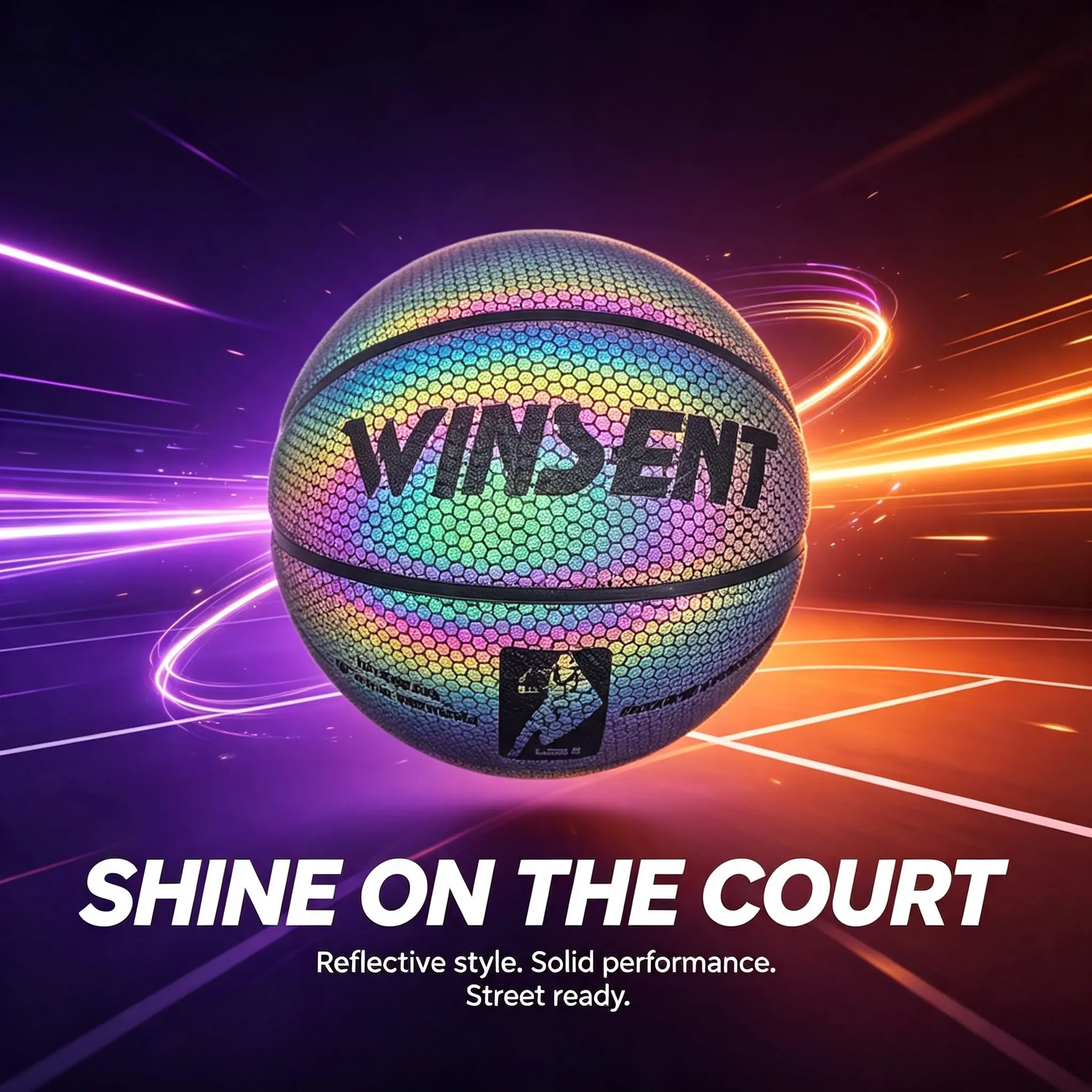WINSENT Reflective Holographic Basketball, Size 7 Rainbow Glow Street Ball for Indoor & Outdoor Play (Novelty Lighting Accessory for Sports Use)