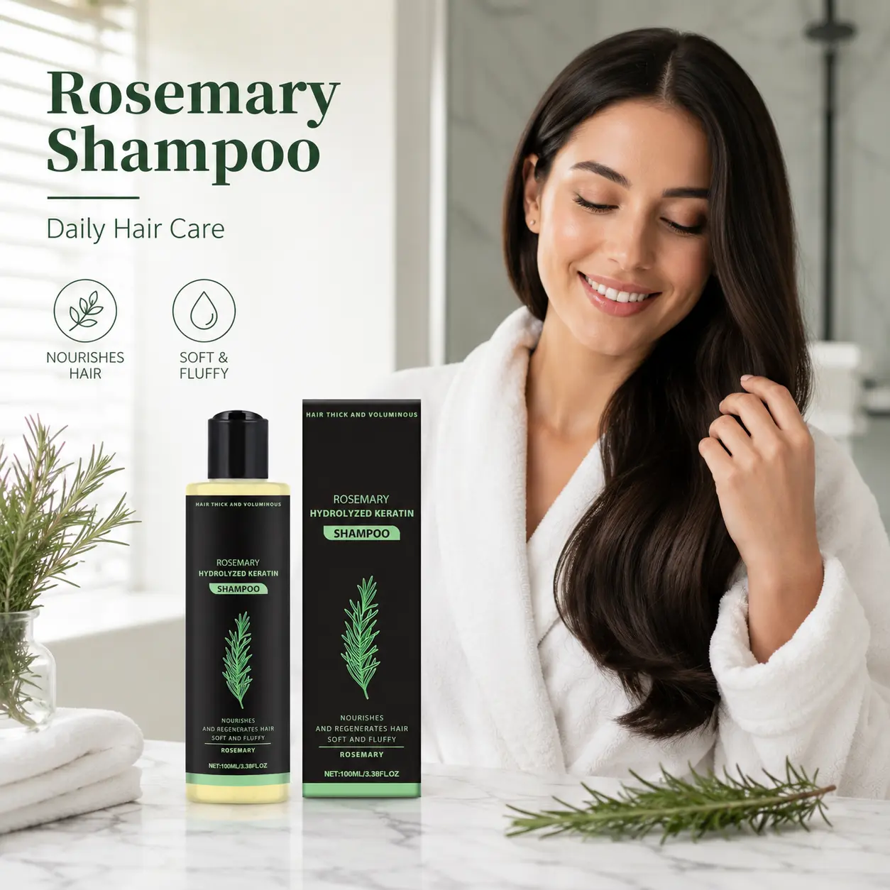 Rosemary Shampoo with Hydrolyzed Keratin, Clarifying Scalp Cleanser and Moisturizing Hair Wash for Dry or Oily Hair, Gentle Daily Hair Care for Soft, Smooth, Shiny-Looking Hair, 100 mL / 3.38 fl oz