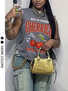 Women's Casual Chic Cherry Printed Round Neck Knit Vest, Comfortable Daily Wear Fit, Fashionable Summer Top, Perfect for Spring & Summer
