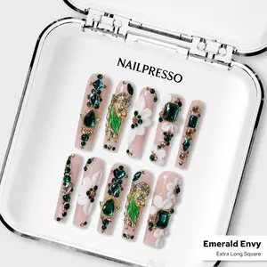 Nailpresso | Emerald Envy Extra Long Square 100% Handmade 3D Press-On Nails | Reusable Long-Lasting Salon-Quality | Green Stones San Judas Inspired