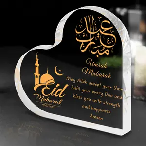 1 Piece Elegant Heart-Shaped Eid Mubarak Acrylic Plaque with Arabic Calligraphy and Mosque Design - Perfect Ramadan Gift for Family and Friends, Islamic Table Decoration, Acrylic Desktop Decoration for Home or Office