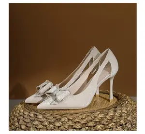 Women’s Slingback Heels Pointed Toe Stiletto Pumps with Rhinestone Bow, Elegant Closed Toe Dress Shoes for Wedding Bridal Party Evening Office, Comfortable Back Strap High Heels for Women, Formal Prom Date Night Shoes, Black Nude Apricot Slip-On Heel