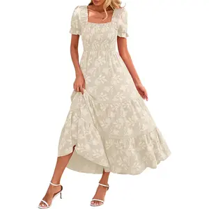 LAZYSMILE Women's Summer Boho Floral Maxi Dress Short Sleeve Square Neck Smocked Ruffle Elegant Wedding Guest Fitted Dress - Womenswear