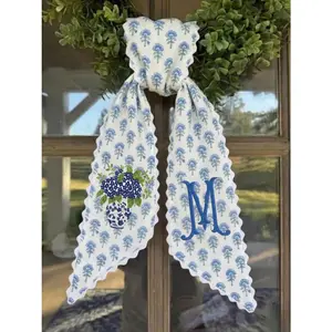 Personalized Hydrangea Door Wreath Ribbon, Custom Embroidered Sash Decor