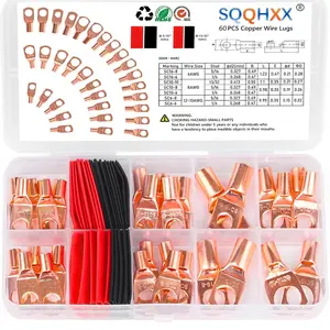 60Pcs Copper Wire Lugs, Battery Cable Ends AWG 4 6 8 10 12 Gauge Wire Connectors with Heat Shrink Set, Ring Terminals Connectors Battery Cable Lugs Battery Lugs with 30Pcs Heat Shrink Tubing Kit