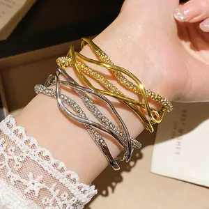 Gold & Silver Tone Cubic Zirconia Twisted Cuff Bracelet, Multi-Layer Open Bangle, Elegant Luxury Fashion Jewelry for Women