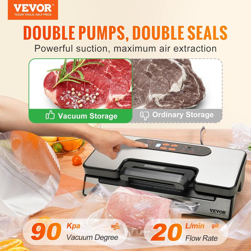 VEVOR Vacuum Sealer Machine, TikTokShopBlackFriday, 90Kpa 130W Powerful Dual Pump and Dual Sealing, Dry and Moist Food Storage, Automatic and Manual Air Sealing System with Built-in Cutter, with Seal Bag and External Hose