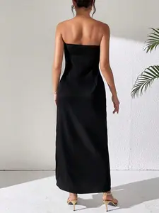 Women's Color-Block Strapless Summer Dress With Slit, Vacation Style