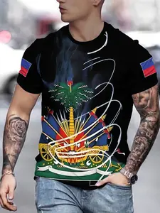 Men's Casual Round Neck Short Sleeve Polyester T-Shirt, Casual Basic Tee, Digital Print, Tropical, Light Stretch Knit Fabric, All Seasons, Fitted H-Type, Streetwear, Casual T Shirts