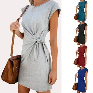 VVZ Women's Summer Casual Crew Neck Short Sleeve Drawstring Waist Mini Dress Soft Breathable