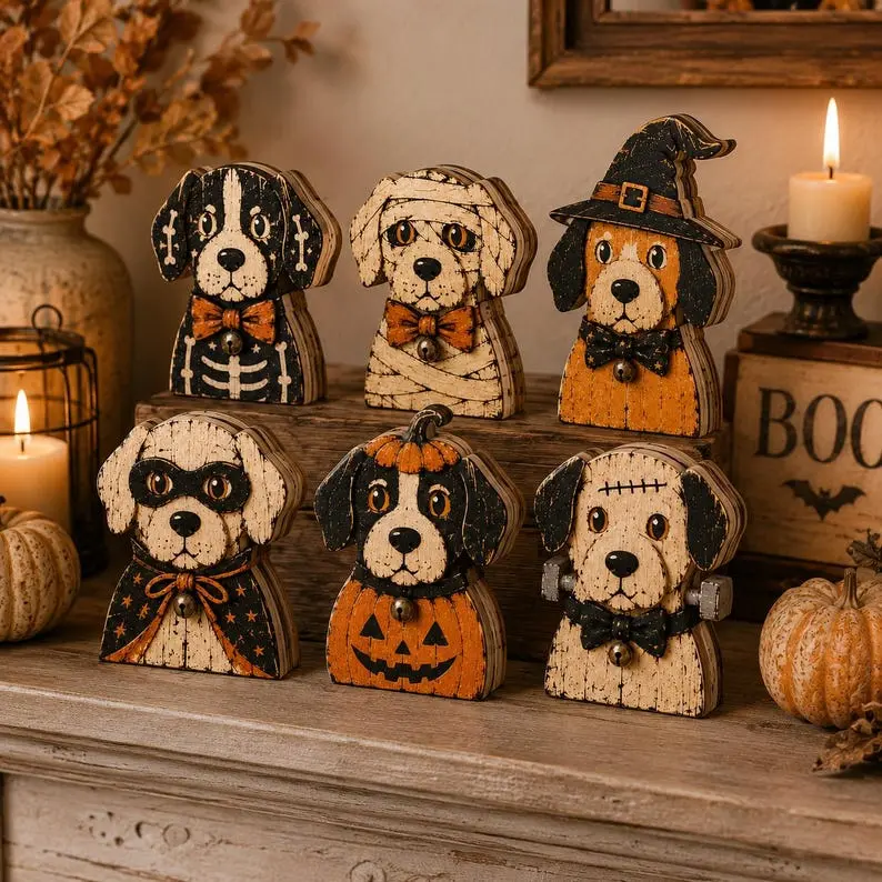 Halloween Wooden Dog Decor, Vintage Dog Shelf Sitter, Rustic Spooky Dog Figurine, Mummy Dog, Witch Dog, Pumpkin Dog, Fall Dog Gift