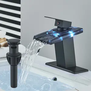 Senlesen LED Waterfall Bathroom Faucet Black Modern Single Handle Glass Spout Bathroom Faucets for 1/3 Hole Sink Vanity Mixer Tap
