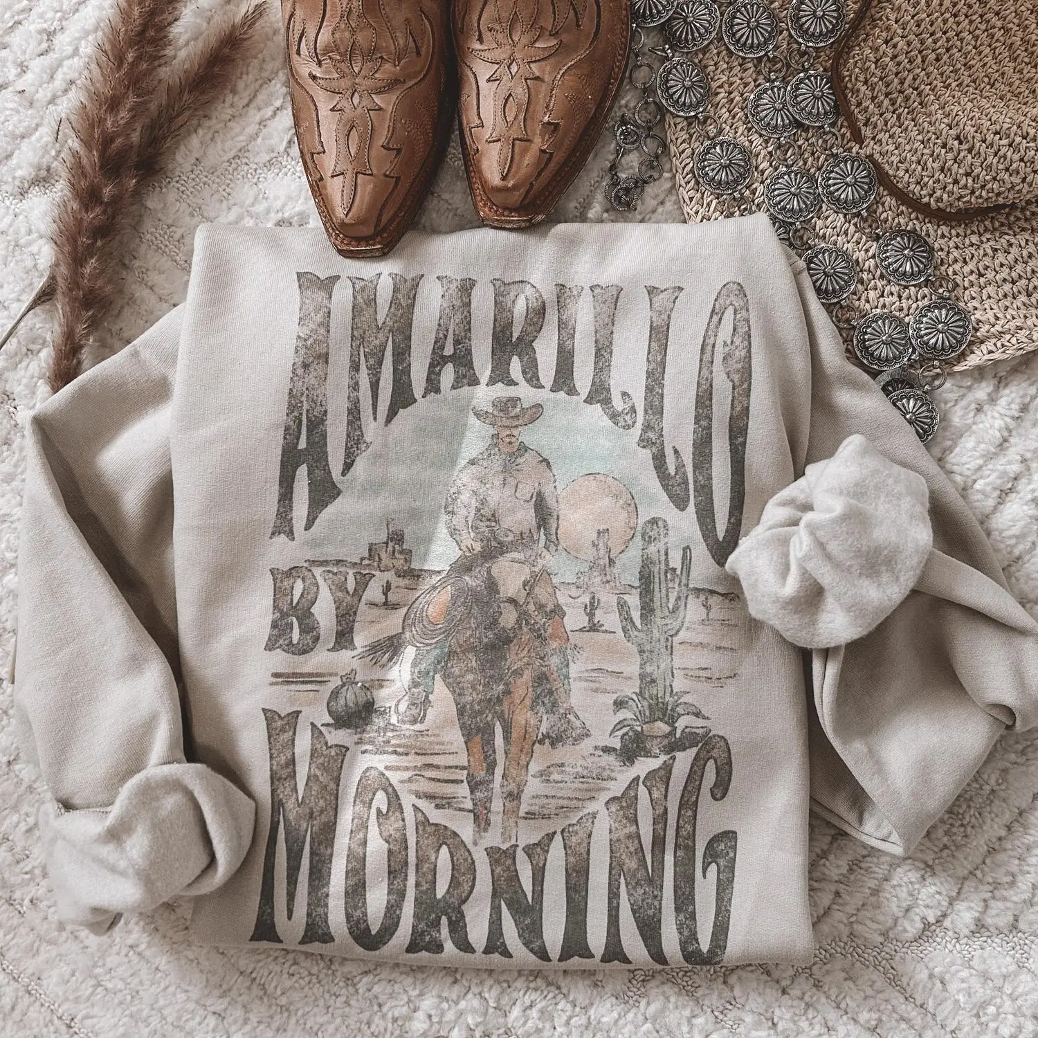 Amarillo by Morning crewneck sweatshirt, western stuff, western clothing, western outfits women tops, cowgirl stuff, western clothes, western graphic tees shirts for women, country girl concert outfits gifts, women's clothing