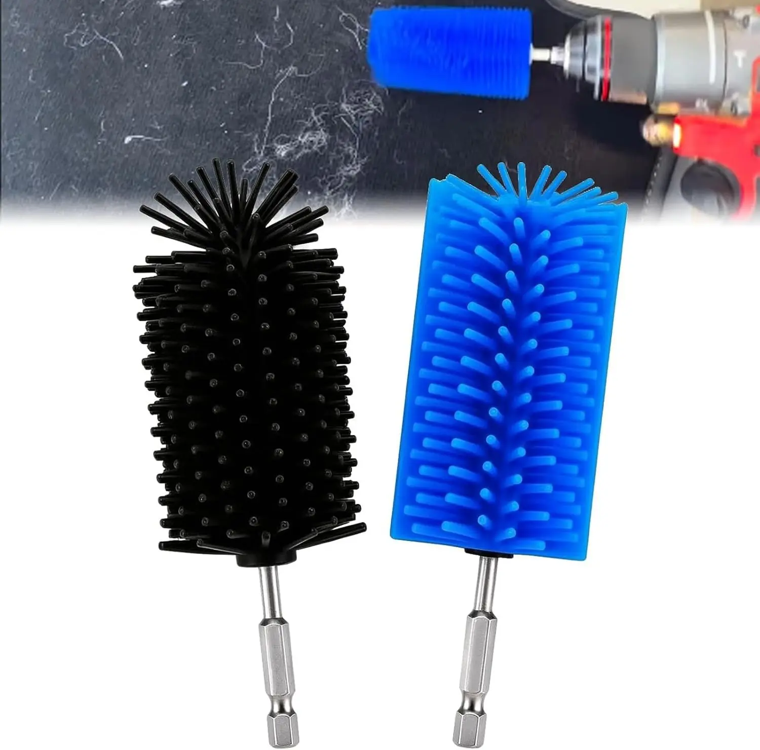 Silicone Drill Brush for Pet Hair Removal, 2 Flexible Brush Heads with Hex Shank Adapters, for Car Carpet, Floor Mats and Upholstery Cleaning