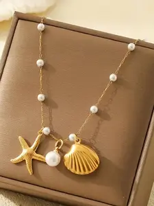 Bohemian Style Women'S Necklace with Imitation Pearl, Starfish & Shell Charm - Stainless Steel Elegant Beach Vacation Jewelry, Perfect for Parties & Everyday Wear, Beach Accessories, Boho Style Necklace