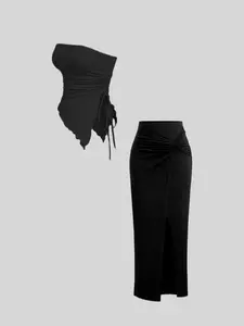 Elegant Fashion Strapless Ruched Waist Vest Women's Half Skirt Set, Womenswear, Casual Outfits Women, Casual Style, All Seasons, Plain Pattern, No Ca Prop 65 Warning