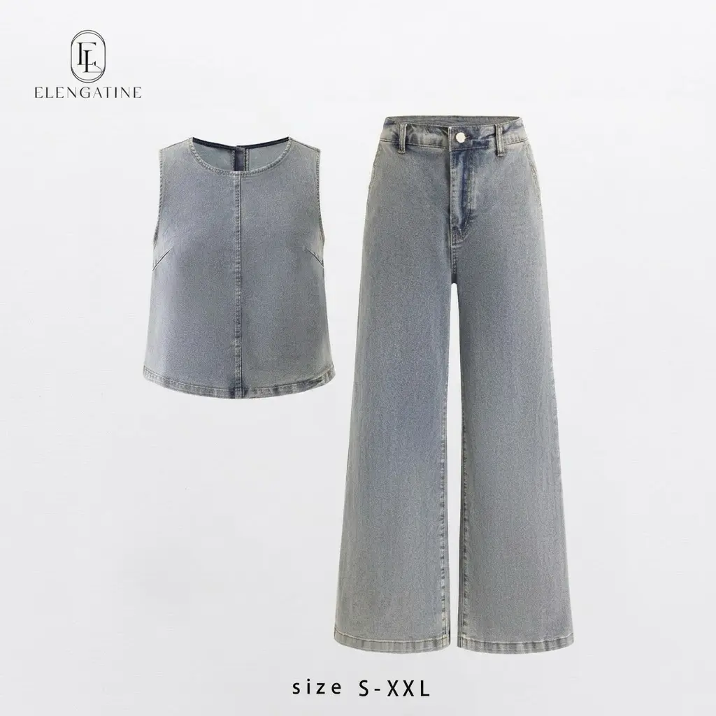 Elengatine Viral Denim Two Piece Set for Women | Sleeveless Crop Top & High Waist Wide Leg Jeans Outfit | Soft Washed Denim, Relaxed Fit & Flattering Silhouette | Inclusive  | Effortless Chic Matching Set | Perfect for Spring Summer, Daily Wear BTN128,sum