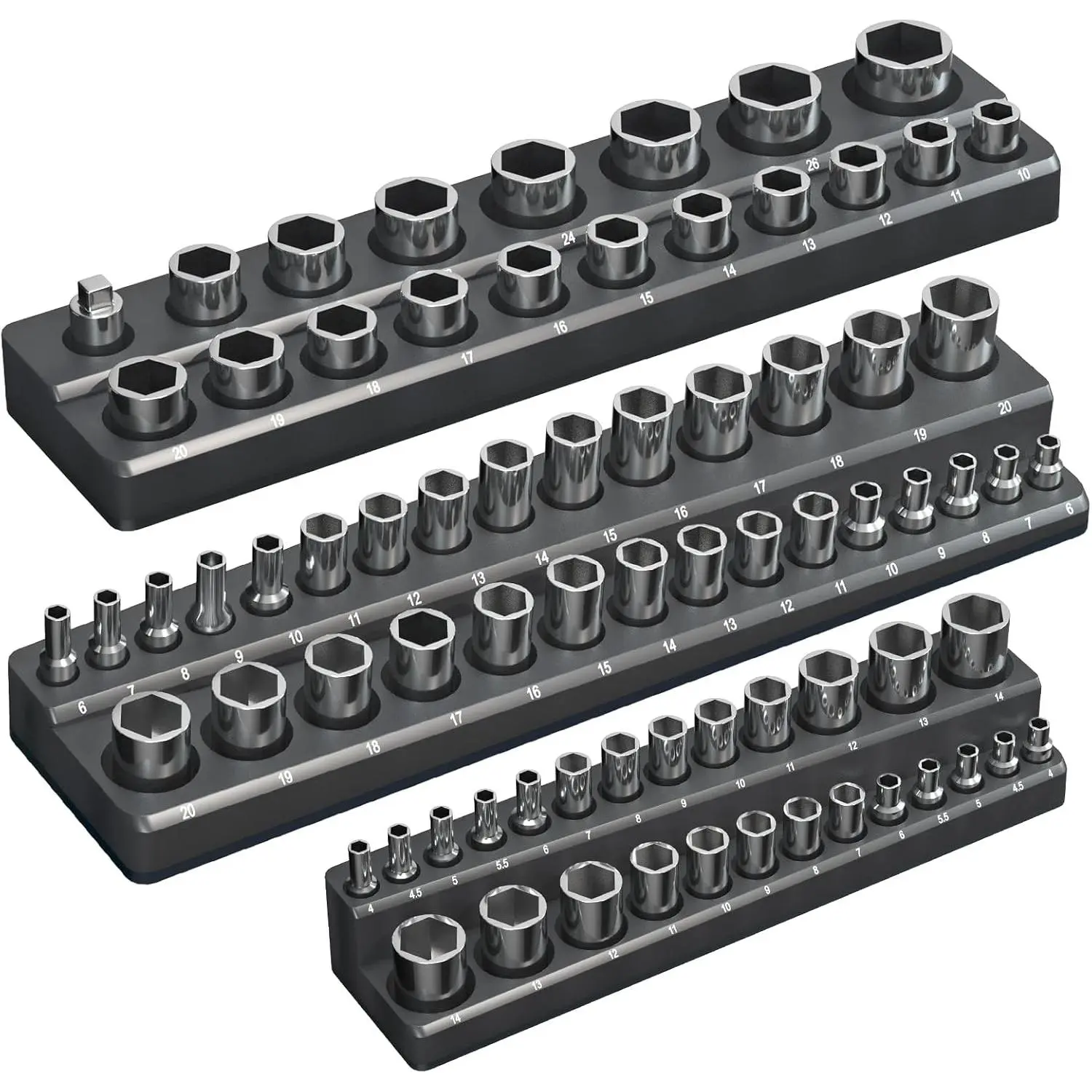 Magnetic Socket Storage Rack Set – 3-piece tool organizer, includes 1/4", 3/8" and 1/2" drive socket holders, 68 metric socket trays (sockets not included), black