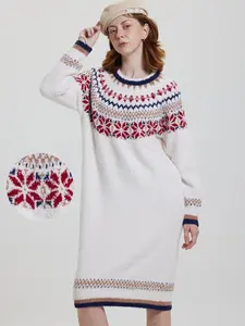 【COZY Soft Plush Feel】Warm and Cozy Winter Fair Isle & Nordic - Style White Jacquard Tops for Women, Various Designs like Round - Neck Long - Sleeve Knit Dresses, Soft, Fluffy and with Exquisite Colorful Patterns