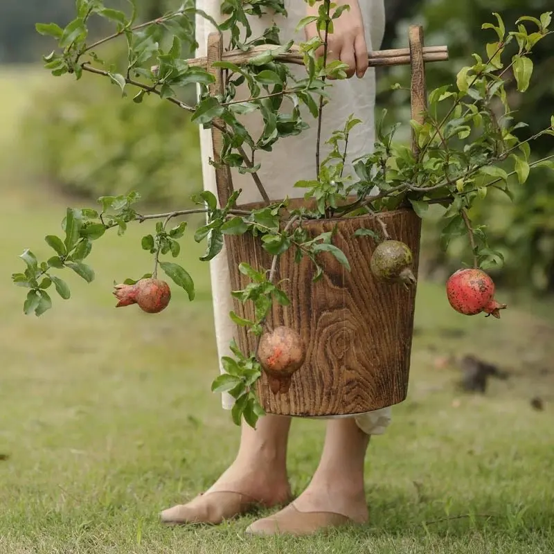 Old-fashioned Wooden Round Bucket Basket
