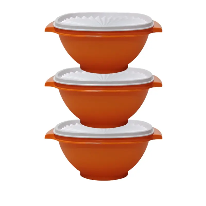 Home & Kitchen Orange Serving Bowls Set of 3 (6 Cups) - Durable Kitchenware, Classic Tableware with White Airtight Lids, Orange Bases, Textured Exterior Grip, Stackable Containers for Storing Leftovers, Soup Bowl, Food Storage Bowl