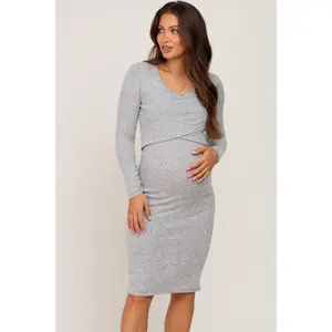Heather Grey Brushed Knit Long Sleeve Maternity Wrap Nursing Dress