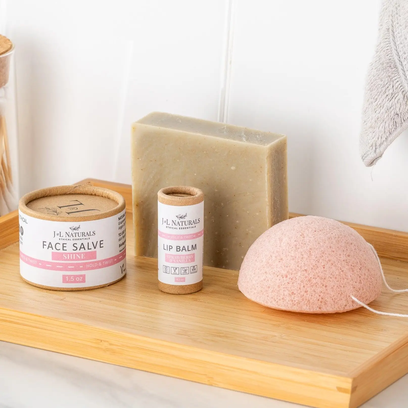 J&L Naturals Essentials Skin Regimen Kit 4-Piece Set with Cleansing Bar Konjac Sponge Face Salve & Lip Balm for All Skin Types