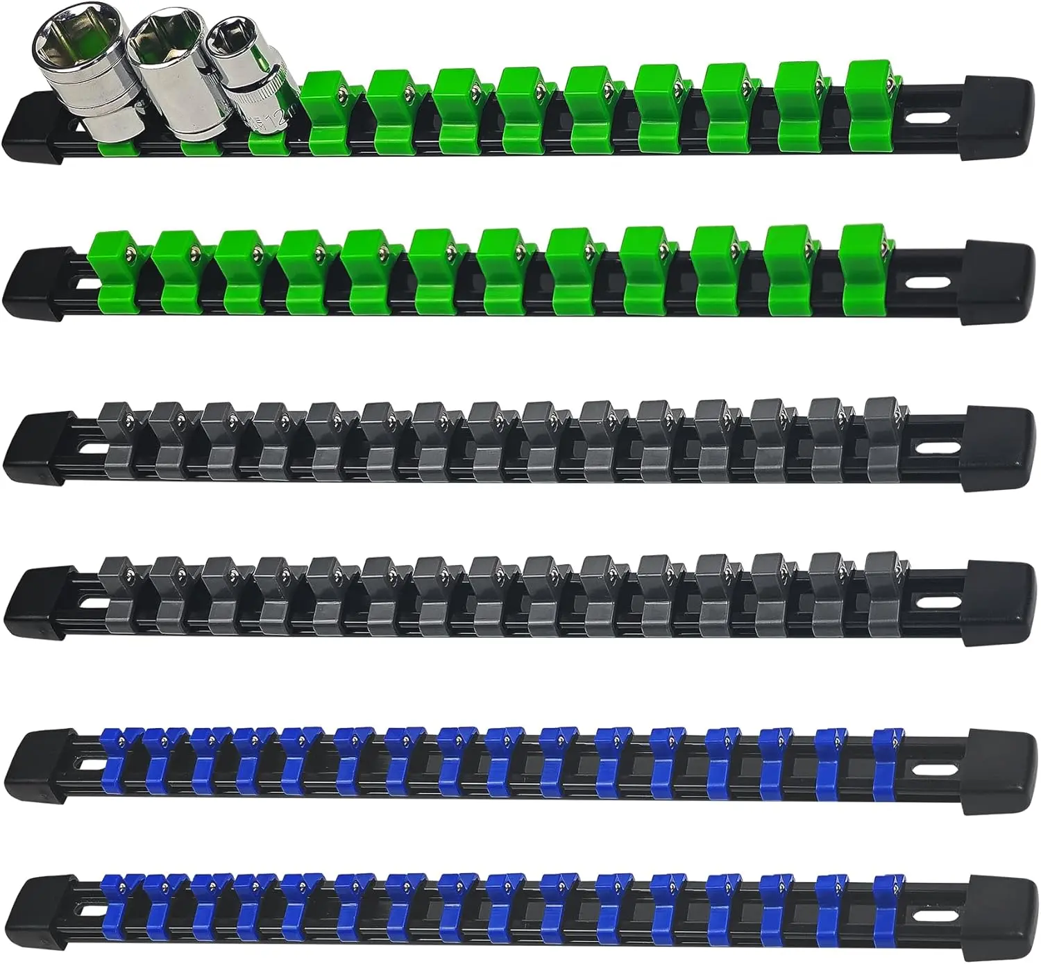 Socket Organizer for Tool Box Drawer, 6-Piece Socket Holder Set 1/4-Inch X 32 Clips, 3/8-Inch