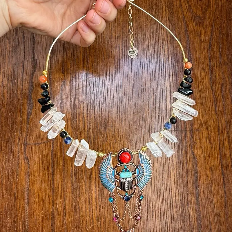 Egyptian Scarab Crystal Necklace with Blue Wings and Red Center Stone