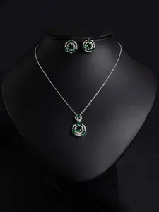 Silver Tone Emerald Green Cubic Zirconia Halo Necklace & Stud Earrings Jewelry Set