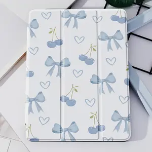 Transparent Back Blue Bow Design Case for iPad 11 inch M3/A16 Air 2/3/4/5 9.7/10.2/10.9 inch Tablet Cover with Apple Pencil Holder & Auto Wake Feature