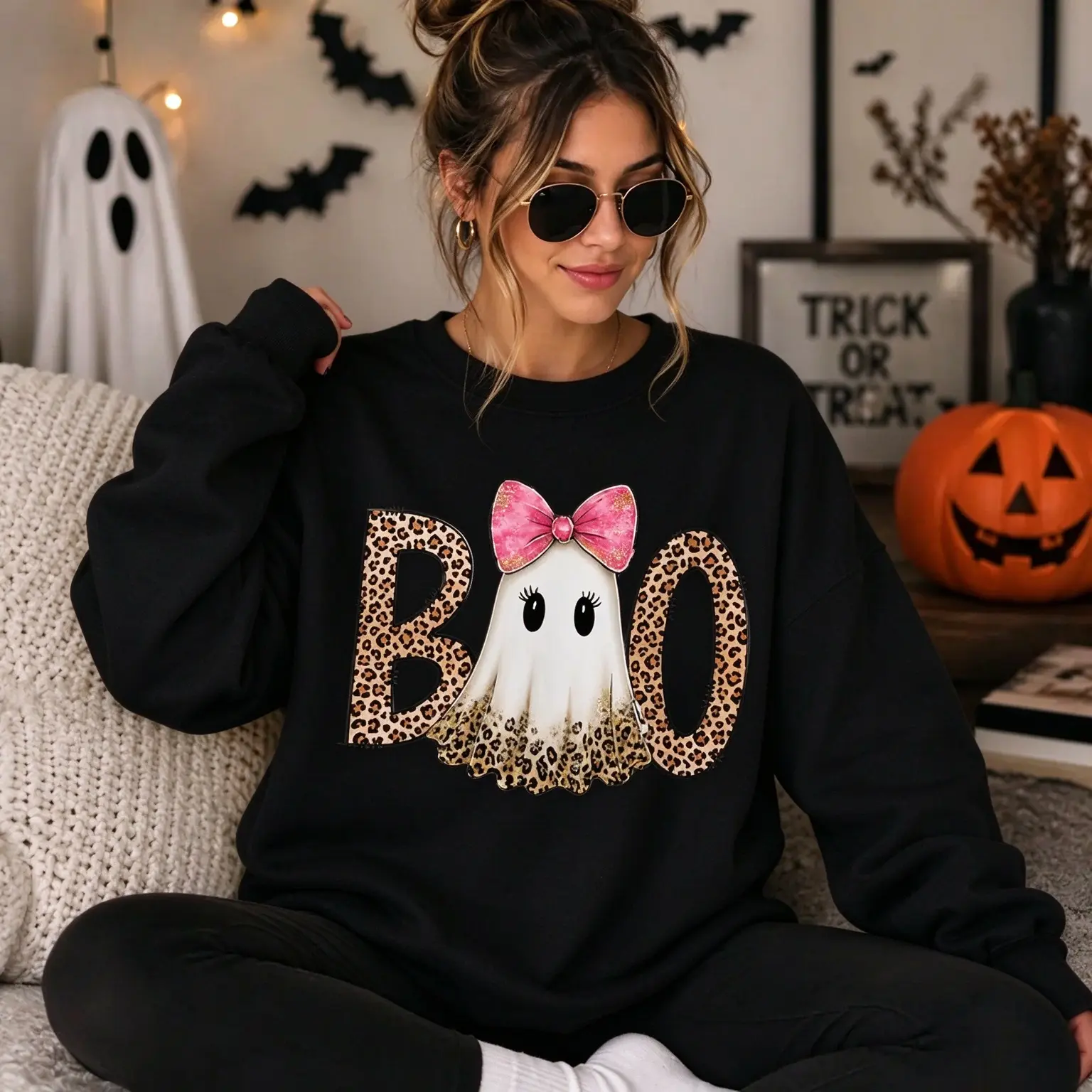 Boo Ghost Leopard Print Sweatshirt, Cute Halloween Ghost Crewne, Pink Bow Ghost Sweatshirt, Coquette Halloween Shirt, Spooky Season Pullover, Fall Graphic Sweatshirt and T-Shirt, Halloween Gift for Her Printed by DTF heat transfer