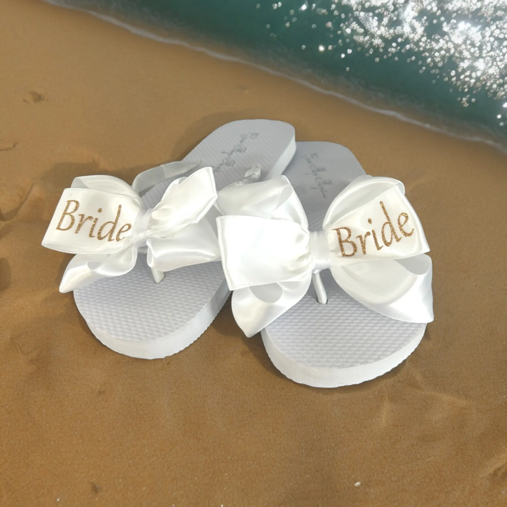 Gold Glitter Bride Bow Flip Flops with White Flat Sandals, Sparkle, No Heel, Handcrafted in USA for Spring Summer Wedding Destination