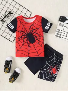 Two-piece Set   Boy's Spider Print Short Sleeve Tee & Shorts, Casual Round Neck T-shirt & Shorts, Summer Clothes for Kids, Clothing Sets