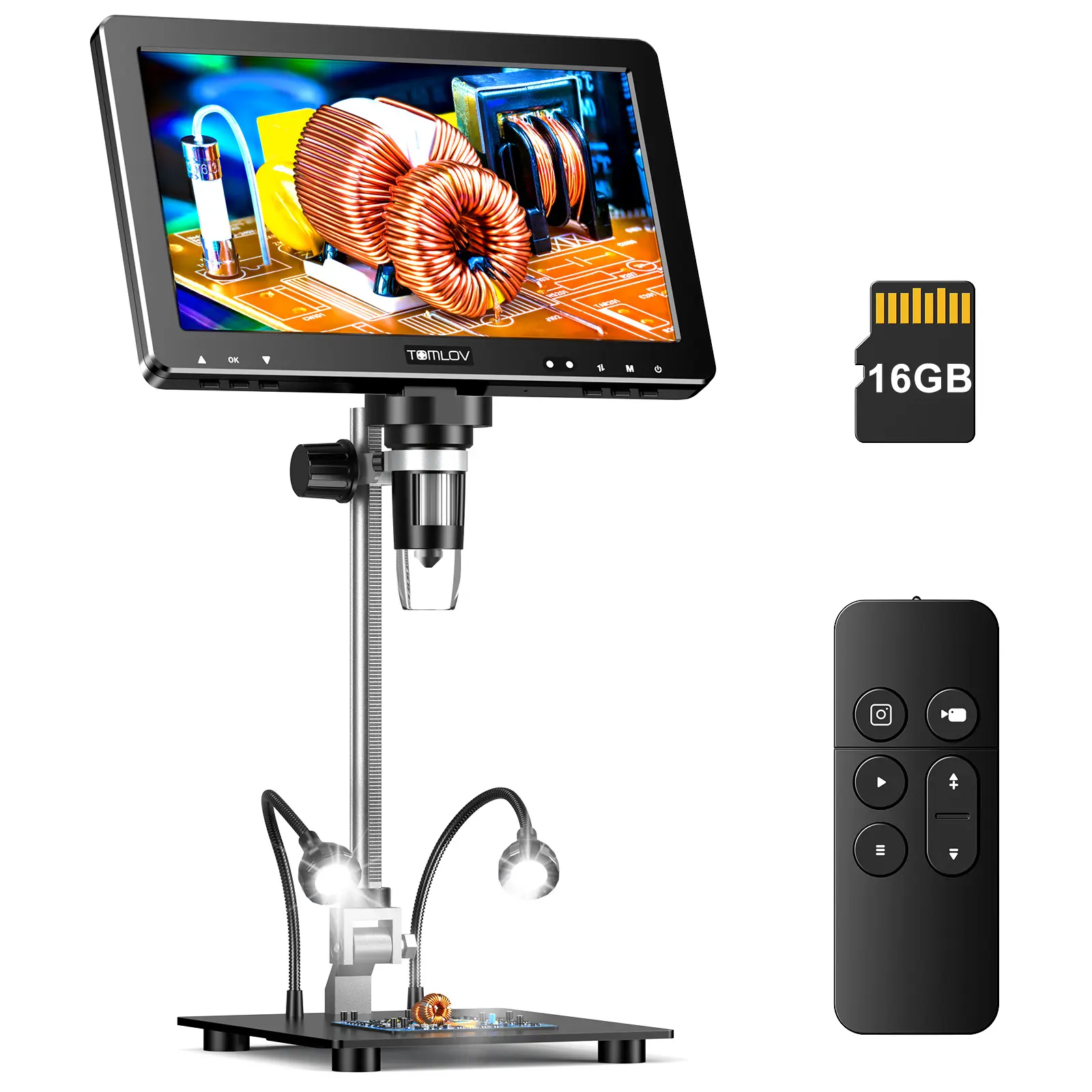 TOMLOV DM9 Max 10.1" HD HDMI Digital Microscope - 1500x Magnification, 20MP, 10.1" Big IPS LCD Screen, 10 LED Lights, 64GB Card Recording, Home Office Soldering/Coin Scope for Adults, PC/TV Compatible