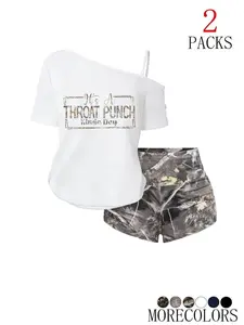 Women's Summer Y2K Style 2-Piece Set, Asymmetrical T-Shirt with Vintage Metal Print, Camo Shorts, Breathable Fabric, Streetwear Fashion