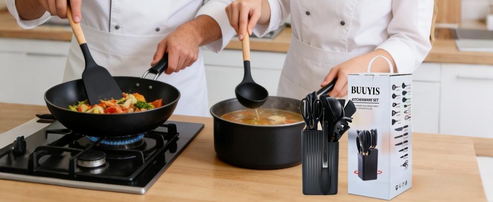 BUUYIS 18-Piece Kitchen Utensil Set — Durable, Heat-Resistant, BPA-Free Matte Silicone Cookware Tools (Non-Stick Cookware Compatible) — Includes Chef's Knife Set (Contains 11 Utensils, 5 Sharp Knives, 1 Pair of Scissors, and 1 Rotating Storage Caddy)