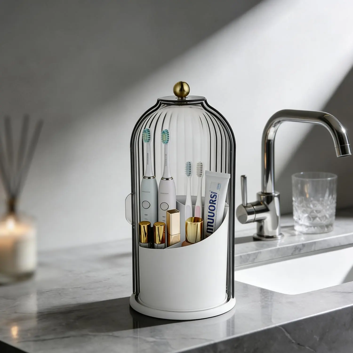 Bathroom Toothbrush Holder with Sliding Bell Jar Lid, 3-Slot Rotating Waterproof Modern Countertop Organizer, Enclosed Dustproof Hygienic Storage for Cosmetics & Toiletries (Clear, Smoke Gray, Dark Green, Black)