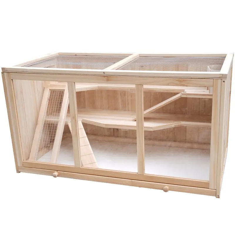 Large Wooden Small Animal Hutch - 2-Level Mesh-Ventilated Cage with Acrylic Glass Windows, 915mm Easy-Clean Deep Base Tray, 950mm Length, 360° Interactive Observation View, for Syrian Hamsters, Pygmy Hedgehogs, Chinchillas, 915Mm Tray