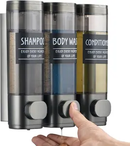 Shampoo and Conditioner Dispenser, Shower Dispenser 3 Chamber No Drill Shampoo Dispenser for Shower Wall Mounted Shower Soap Dispenser for Bathroom Hotel,3 * 300ML, Gray