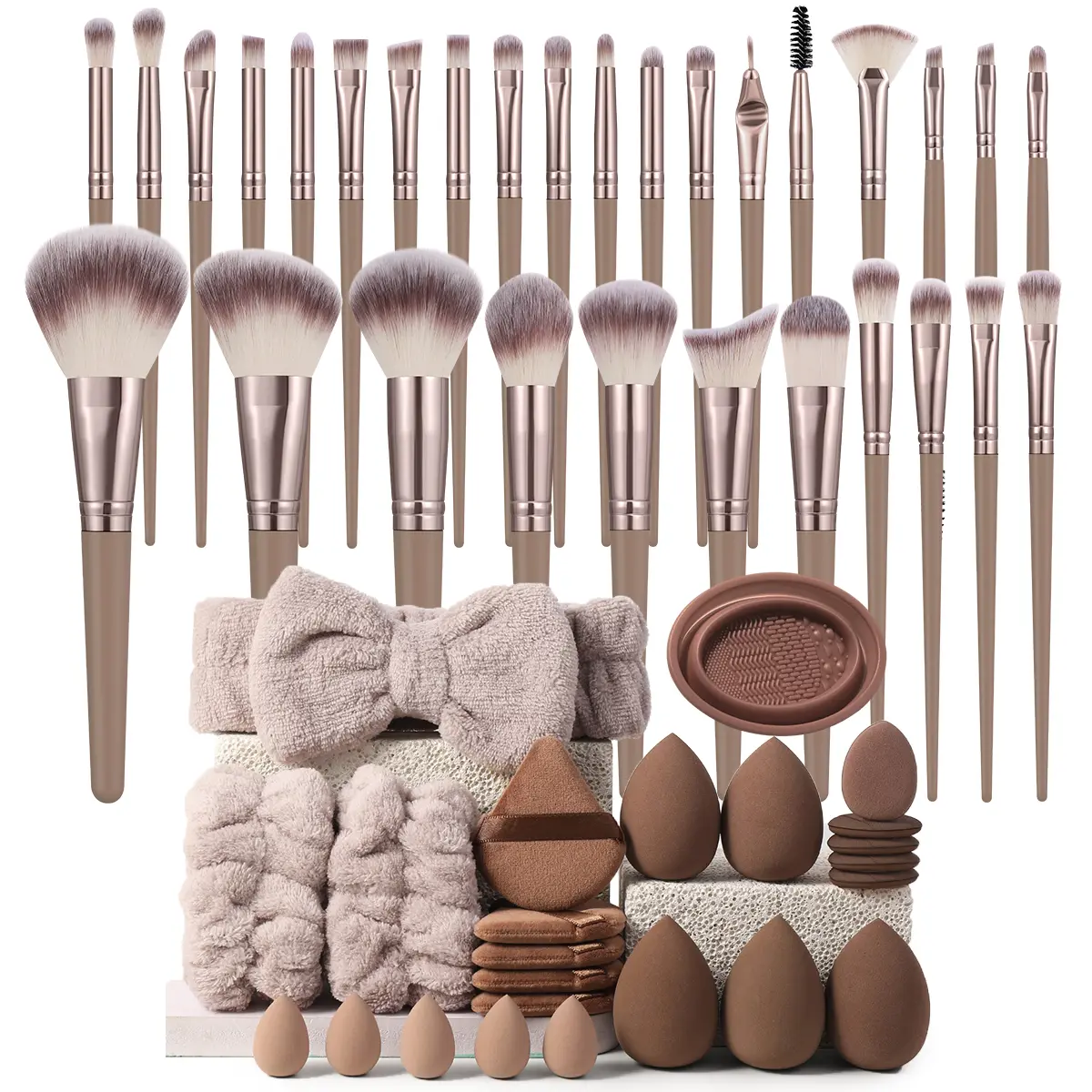 54PCS Brown All-In-One Makeup Set, Makeup Brushes+Bow Headband+Beauty Sponges+Puffs+Brush Cleaner Portable Cosmetic Kit，Full Face Eye Cosmetic Tool Bundle for Makeup Beginners Daily Travel Birthday Gift for Women Teen Girls