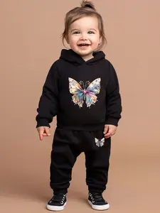 Cute Toddler Girl Sportswear Set, Casual Cartoon Butterfly Print Fall Clothes Set, Hooded Sweatshirt Pants, Outfit, Spring, Baby Clothing