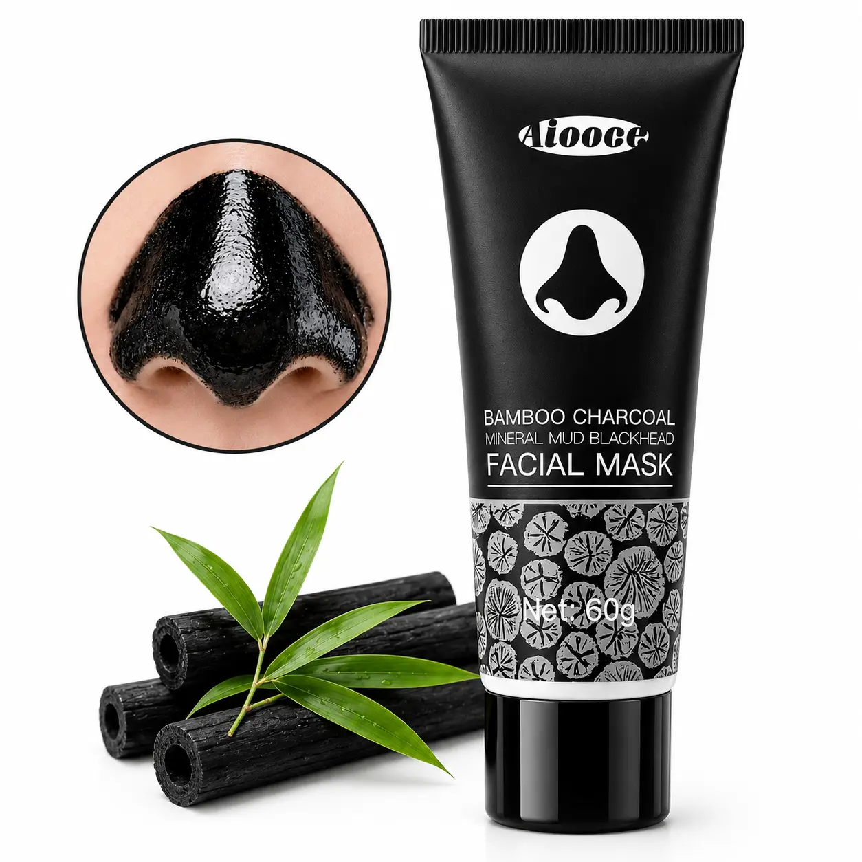 Bamboo Charcoal Mud Blackhead Mask, Deep Pore Cleansing & Oil Control Facial Mud Mask, Nose & T-Zone Pore Cleanser for Oily Combination Skin, Portable Daily Skincare Mask for Men & Women 60g per Tube