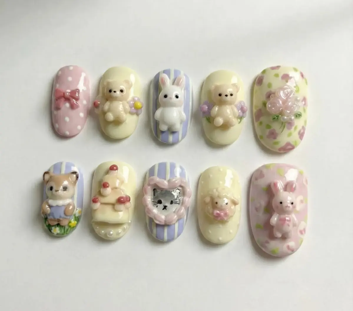 3D Kawaii Animal Press On Nails | Handmade Cute Gel Character Nails | Adorable Bunny Bear Puppy Nail Art | Pastel Japanese Kawaii Almond Press-On Nails with Gift Set (Adhesive Tabs, Nail File, Cuticle Stick)
