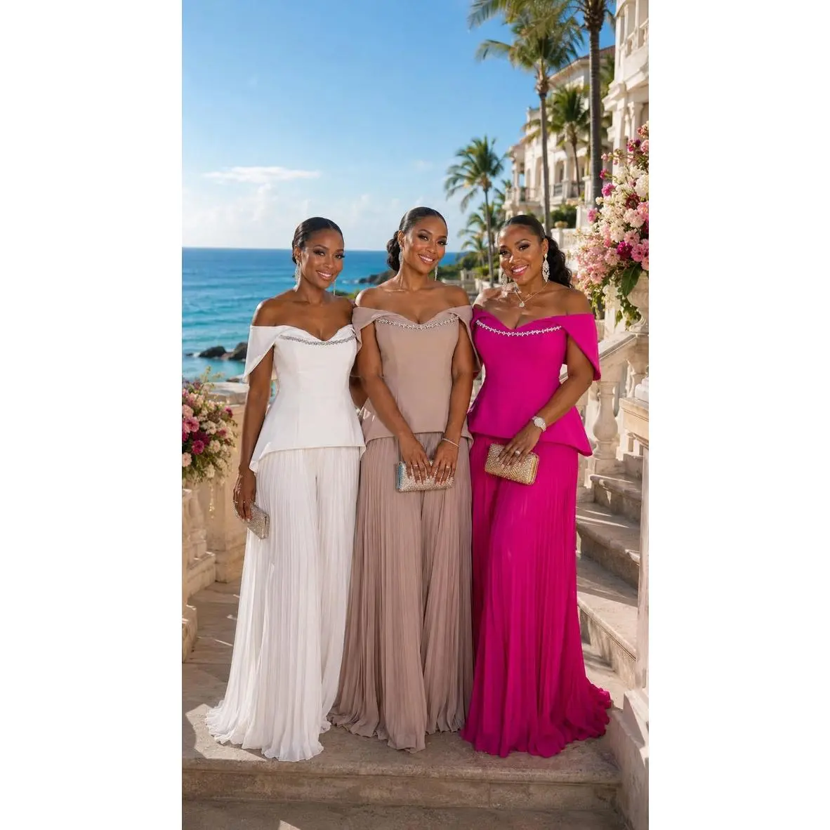 Turn Heads White Off-The-Shoulder Crystal-Embellished Pleated Wide-Leg Jumpsuit