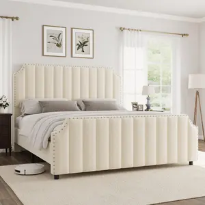 King Size Platform Bed Frame with 50.2" Tall Headboard, Velvet Upholstered Bed Frame King with Vertical Channel Tufted Headboard & Footboard, Nailhead Trim, No Box Spring Needed